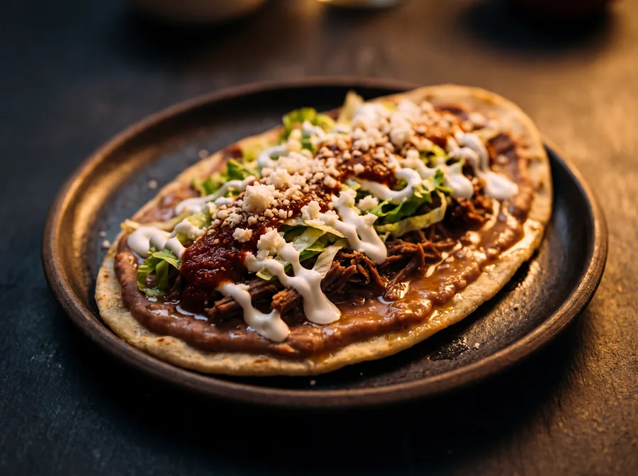 Huarache con frijoles, carne, lechuga, crema y queso cotija