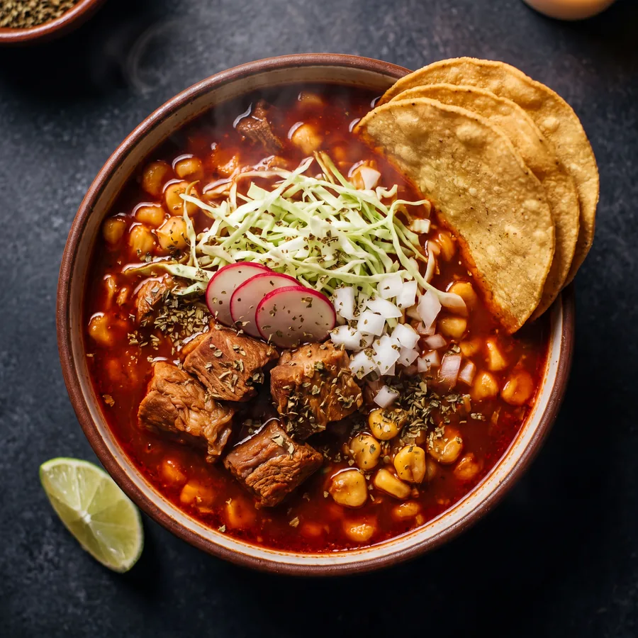 Pozole rojo con tostadas, rábano y col