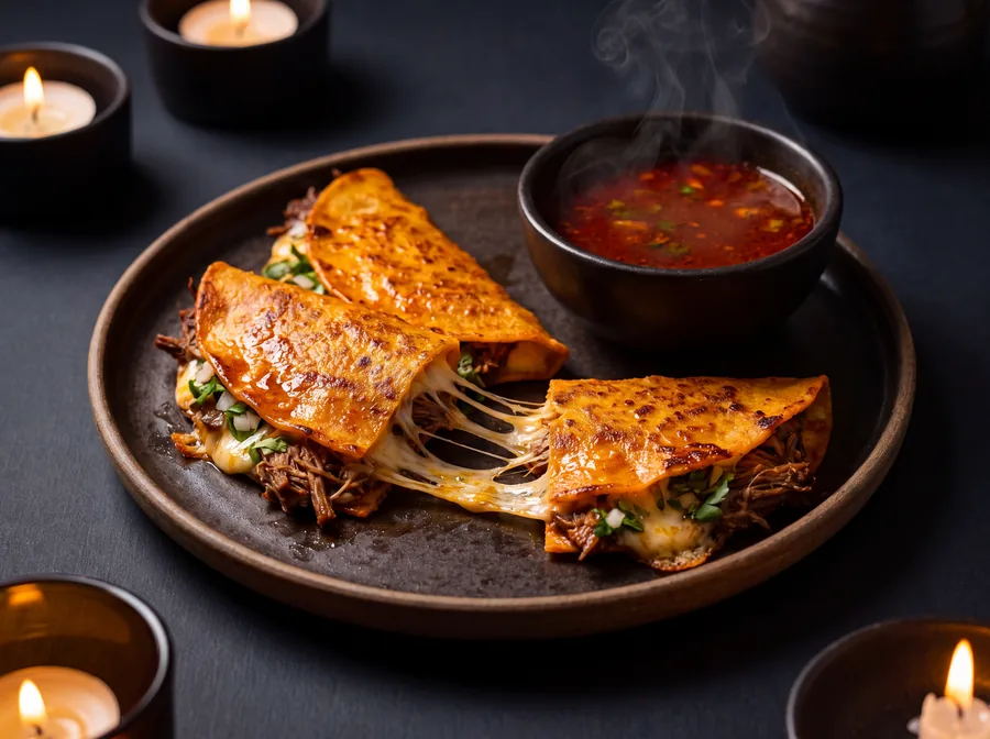 Tacos de quesabirria con queso derretido y consomé para remojar